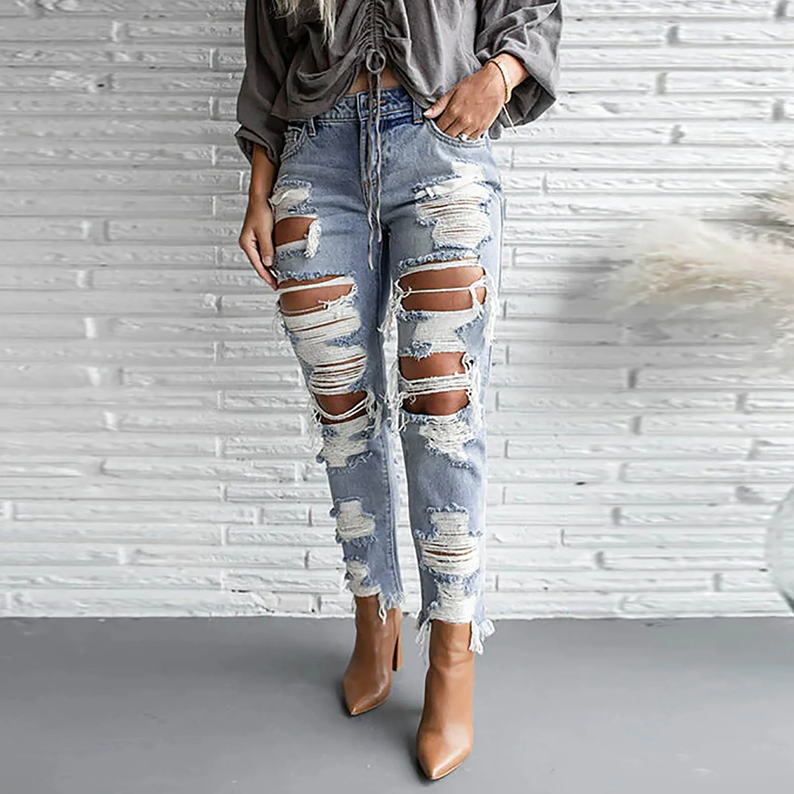 Ladies Hole Denim Pants Button Pocket Elastic Waist Slim Jeans Fashionable Women's Denim Trousers Casual Skinny Ripped Jeans