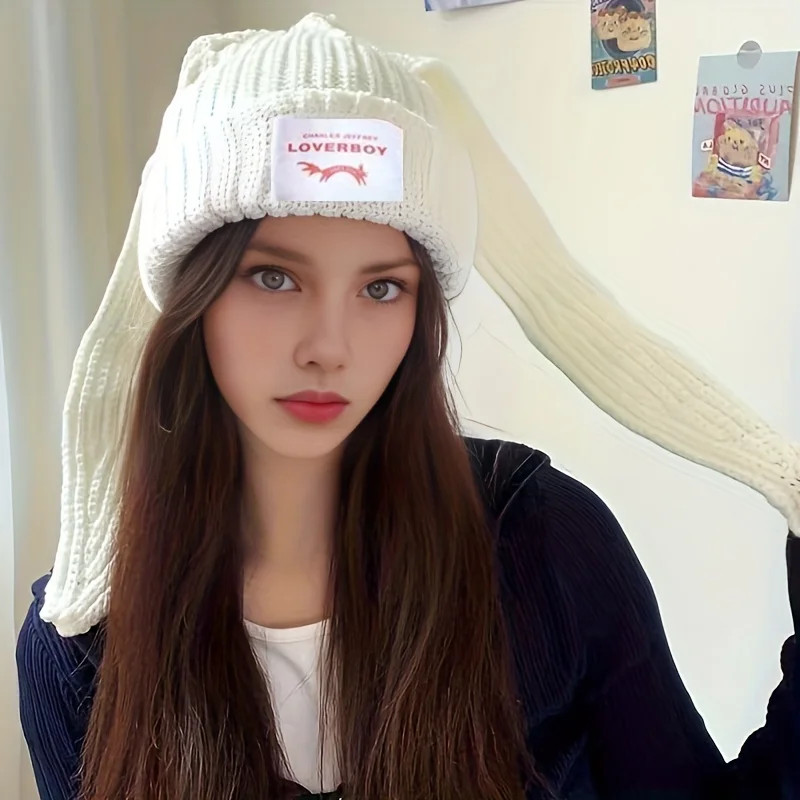 New Rabbit With Ear Label Patch Black Knit Hats Winter Warm Thick Elastic Skull Cap Long Bunny Ears Cuffed Beanies For Women