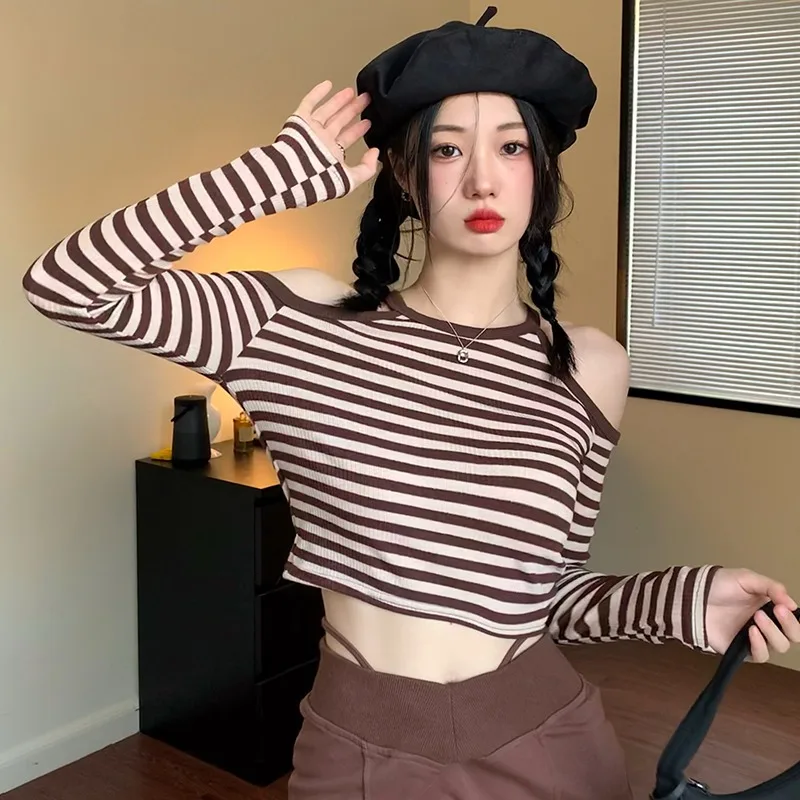 Sexy Off Shoulder Striped Knit Sweatshirt Top Korea Style Women Casual Slim Halter Long Sleeve Pullover Crop Top