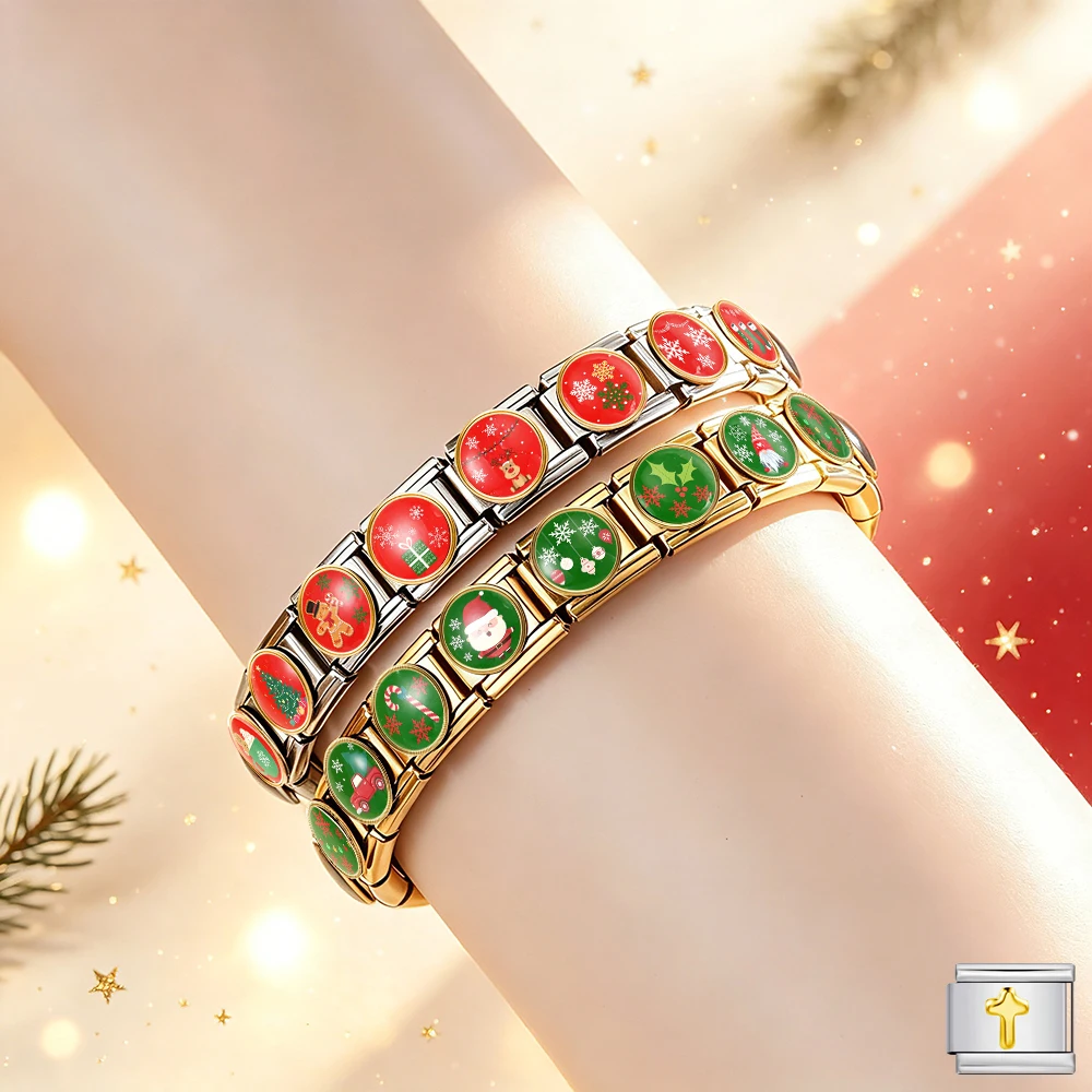 Creative Snowflake Print Christmas Santa Claus Snowman Link Fit 9mm DIY Italian Charm Bead Stainless Steel Bracelet Jewelry Gift