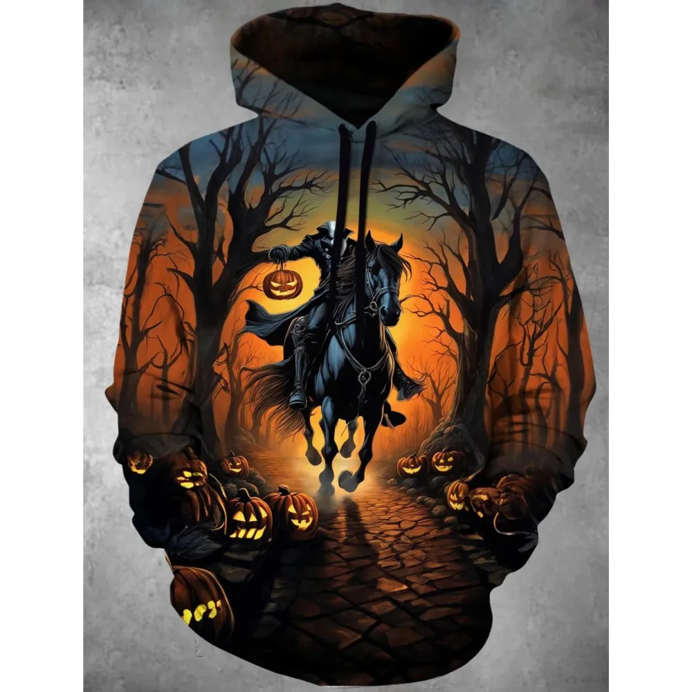 Dark Halloween Hooded Sweatshirt With Horror Headless Horseback Riding elements, Polyester fabric, Unisex Autumn Party Outfit