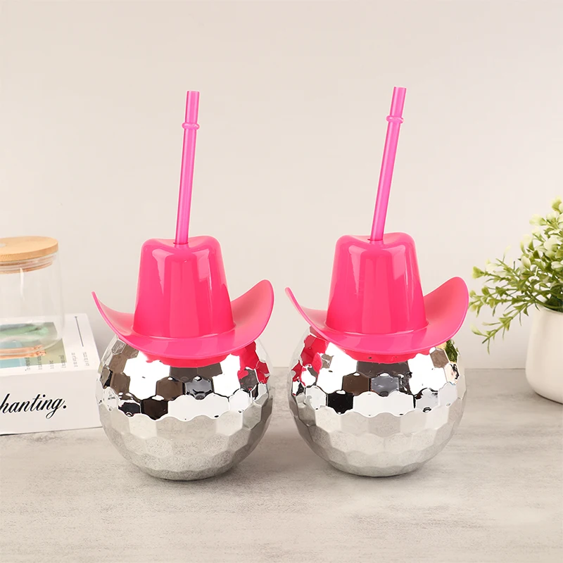 1Pc 600ml Cowboy Disco Ball Cup With Straws Unique Flashing Cocktail Ball Disco Ball Cups Electroplating Ball Cup Drinking Cup