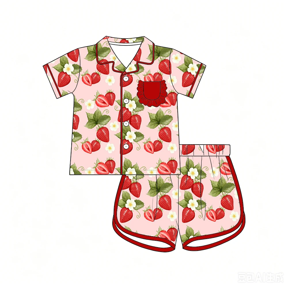 Hot Selling Girls Set Short Sleeve Button Shirt with Ruffled Pocket Elastic Shorts Kids Cute Strawberry & Flower print