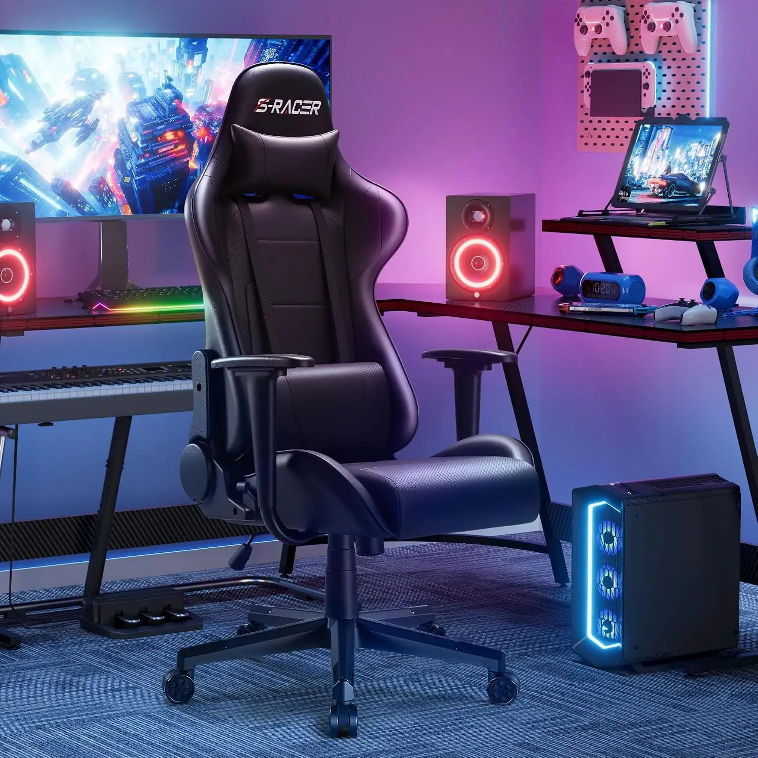 Gaming Chair Racing Computer Chair Office Desk Chair Adjustable Swivel High Back Carbon Fiber Style Leather Executive Ergonomic