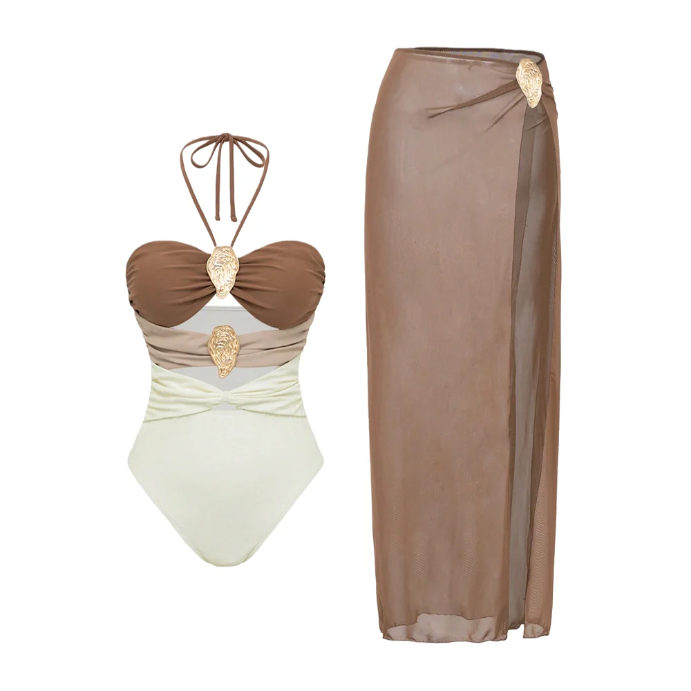

Women's Luxury Brown Ombre Halter Monokini with Mesh Cover Up Skirt, High Waist Slimming One Piece Swimsuit for Beach Pool Party