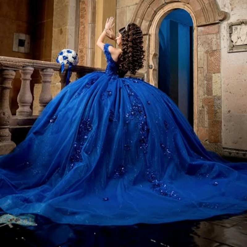 Королевские синие блестящие платья Quinceanera с открытыми плечами, аппликация, кружево, бисер, кристалл, тюль, корсет, вечерние, день рождения, милое платье 16,