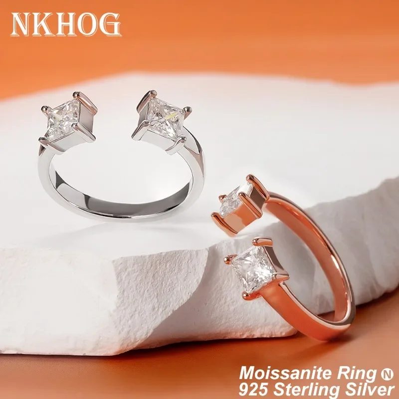 NKHOG 4.5mm Princess Cut Moissanite Ring 925 Sterling Silver Double Square Diamond Women Adjustable Rings Jewelry Gifts with GRA