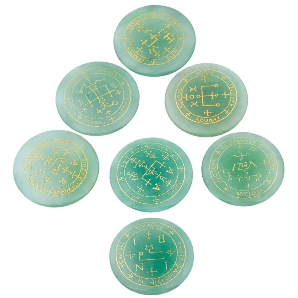 TUMBEELLUWA Healing Crystal Polished Engraved Round Palm Worry Stone Reiki Symbol The Seven Archangels,Set of 7