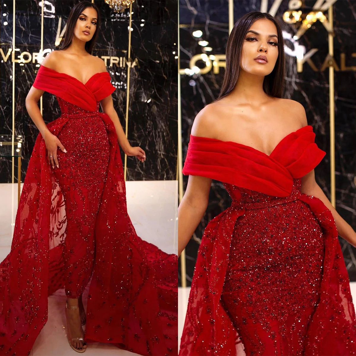 Red Gorgeous Beaded Mermaid Evening Dresses With Detachable Train Off Shoulder Sequined Prom Gowns Formal Dress