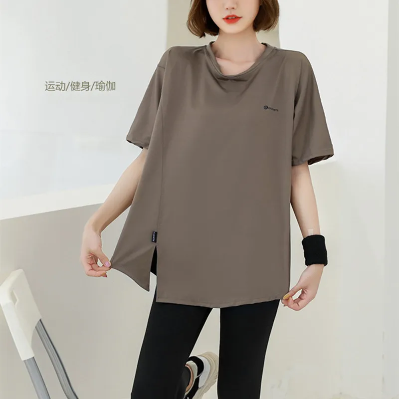 Loose Yoga Wear Quick Dry Women Gym Fitness Yoga T-shirt Pure Color Medium Long Sports Short Sleeve Loose Soft Shirts