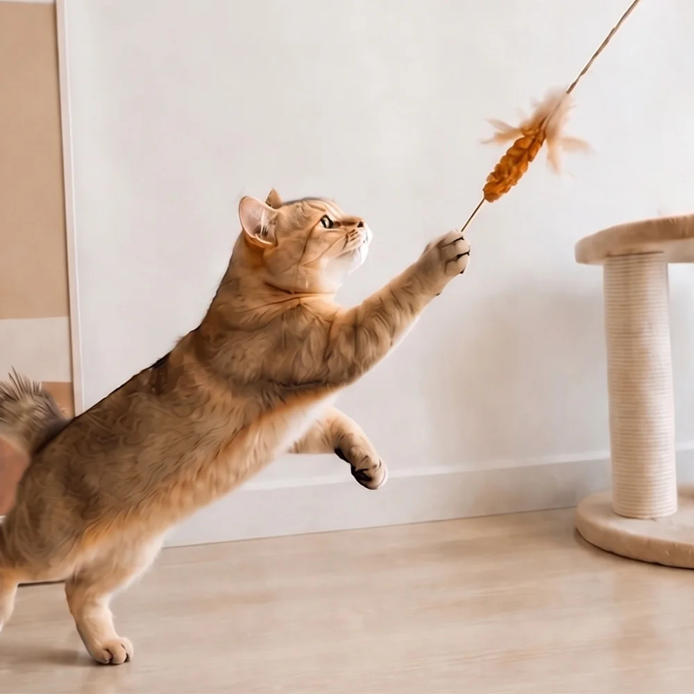 Simulierter Sorghum-Teaser-Stab: Interaktives Katzenspielzeug mit lustigen Federn und buntem Stab – Zubehör für Haustierkatzen – Detail 3