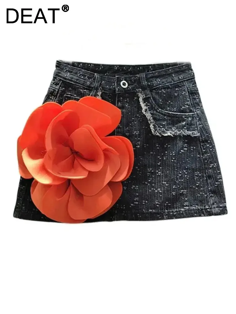 

DEAT Women Denim Skirt High Waist A-line Big Flowers Burrs Ripped Wrap Hip Jacquard Short Skirts 2024 Summer New Fashion 29L7511