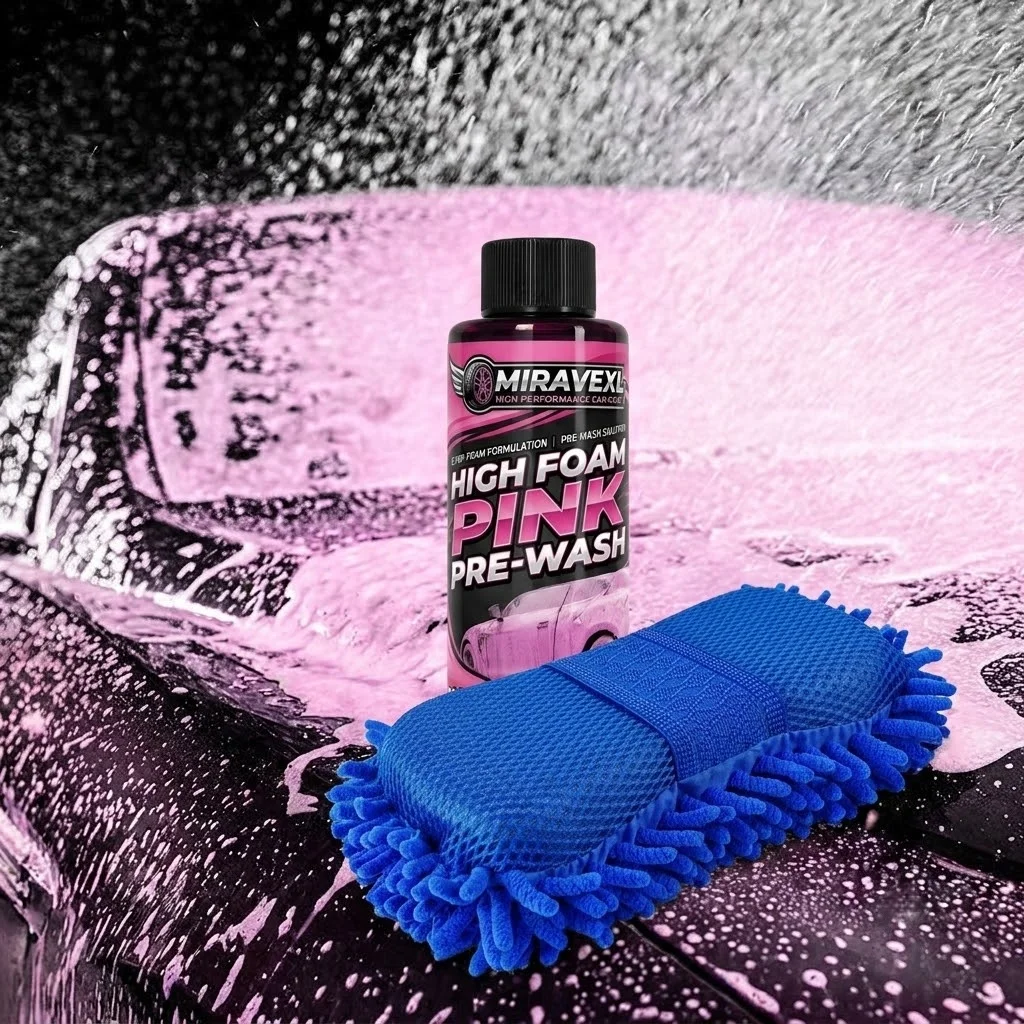 MIRAVEXL Pink Pre-Wash Foam & Chenille Wash Mitt Set – For the Ultimate Detailed Wash: Powerful Cleaning, Ultra-Soft Touch.