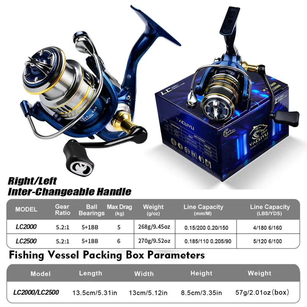 1PC Spinning Reel Smooth 5.2:1 Stainless 5+1 BB Fishing Reels For Freshwater Saltwater Outdoor Fishing LC2000/2500