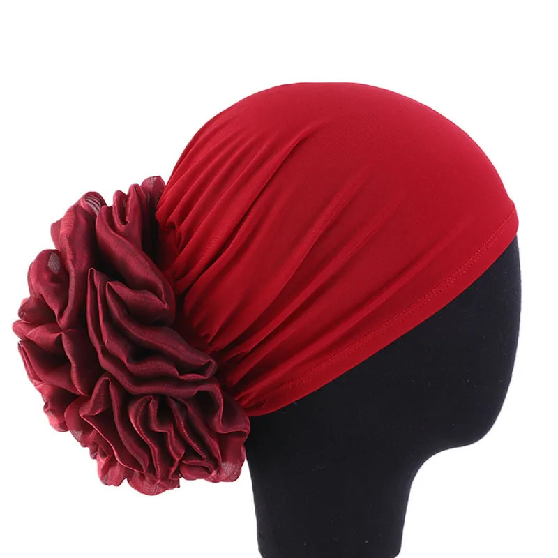 Elegant Women Satin Flower Turban Hat Muslim Headscarf Bonnet Head Wraps for Lady Hair Accessories Headwear Hat Turbante Mejur