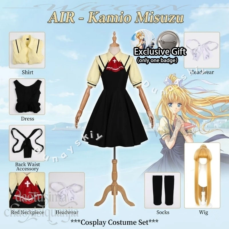 

Anime AIR Cosplay Kamio Misuzu Kawaii Loli Black Dress Yellow Shirt JK Uniform Bow Headwear Long Single Ponytail Wigs Halloween