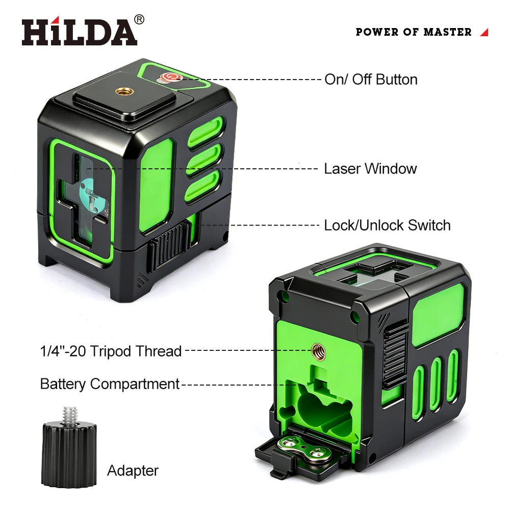 HILDA Laser Level Green 2 Lines Level Ip55 15M Self-Leveling Horizontal & Vertical Cross Super Powerful Measuring Tools ﻿