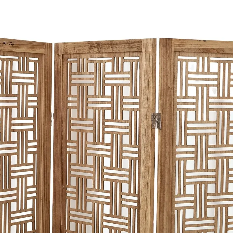 Foldable Paulownia Wood Room Divider Screen with Grid Pattern Portable Partition for Bedroom Office Photography Background