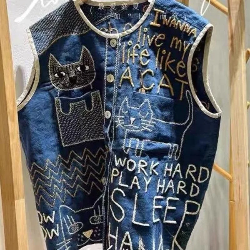 

2026 Spring Summer Women's Vintage Blue Print Linen Vest Denim Waistcoat Cotton Casual Minimalist Tops