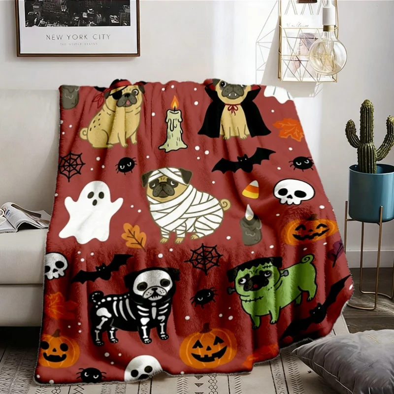 Cute Halloween Pug Pirate Vampire Mummy Printed Flannel Blanket Warm Soft Cozy Throw Blanket Couch Bed Decor