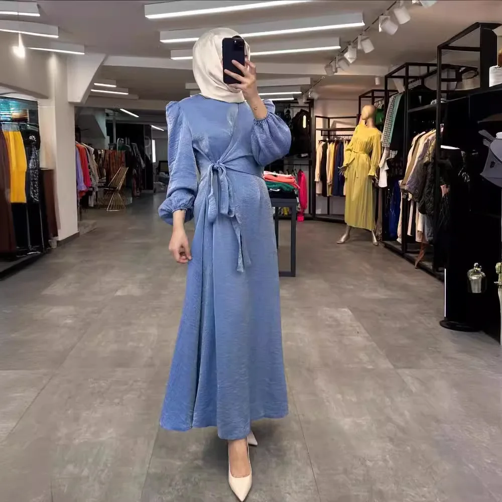 2024 Spring And Autumn New Muslim Women's Fashion Solid Color Tie Up Big Swing Robe Dress