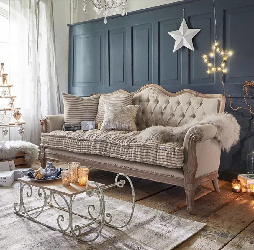 American rural retro solid wood three-person sofa oak carving old living room casual European fabric log furniture