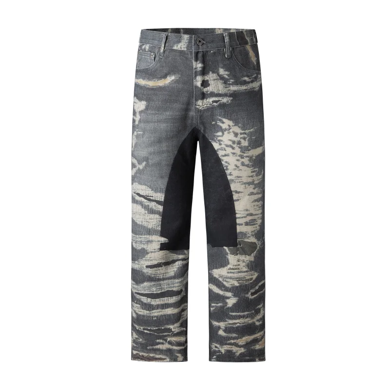 

JK9615 American heavy denim jeans men's tide loose street wide-leg retro splicing hip-hop straight tube