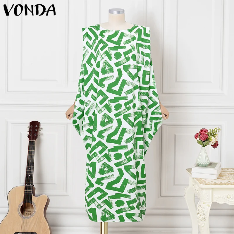 VONDA Abiti taglie forti Donna senza maniche Bohemian stampato Maxi vestito estivo Vintage O-Collo Casual Allentato Party Beach Abiti 5XL