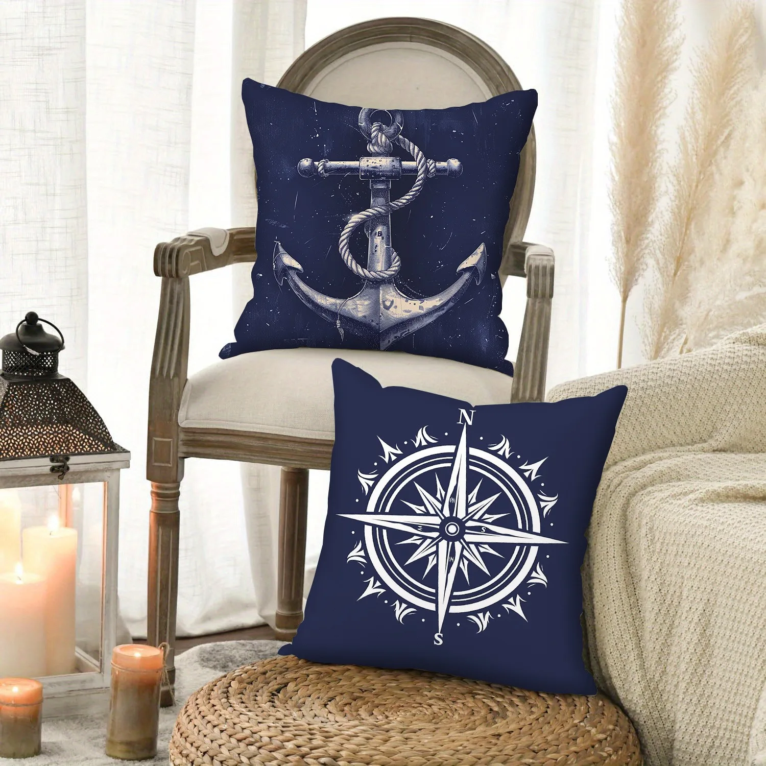 Home decoration anchor compass decorative pillowcase, ultra-soft polyester material living room sofa back car pillowcase