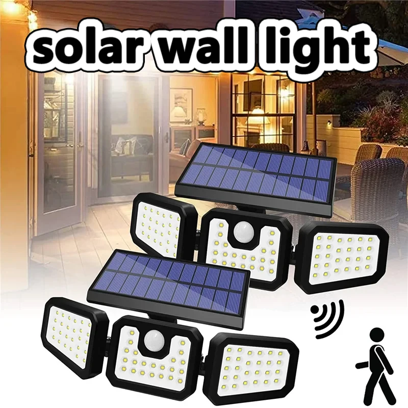 

LED Solar 3 Heads Wall Light Waterproof Human Sensing Rotating Courtyard Garage Outdoor Street Light Motion Detected Spotlight