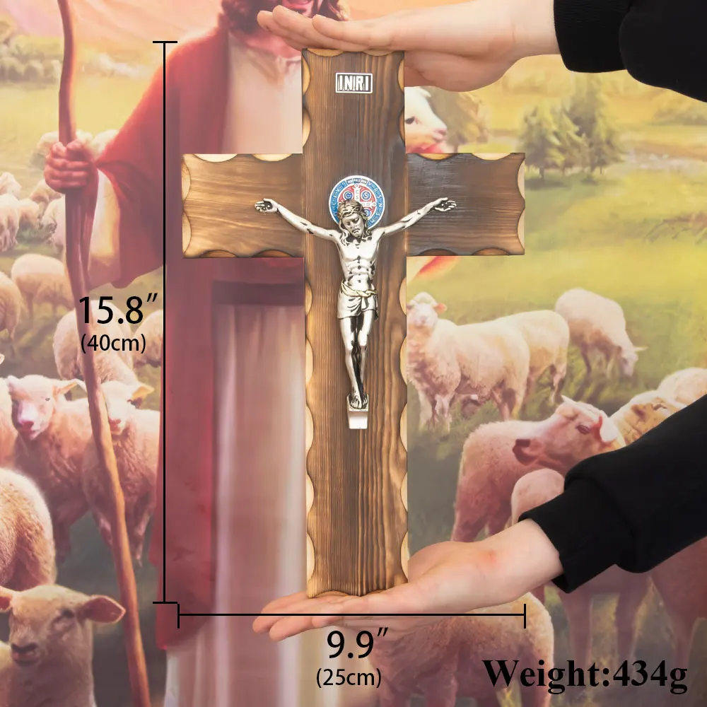 HTISOK Catholic Church Handcrafted Wooden Wall Cross Zinc Alloy Jesus St. Benedict Statues Religious Home Altar Catholic Decor