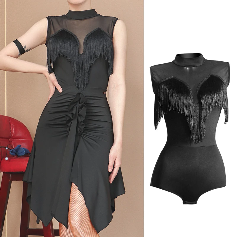 

Latin Dance Costumes One-Piece Women'S Black Tassel Leak-Back Dance Tops Chacha Tango Dress Latin Dance Practice Clothes DN11909