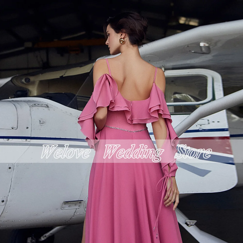 Vestido elegante de tirantes finos con volantes para graduación, vestido largo hasta el suelo para playa, boda, invitados, fiesta de noche, línea A, abertura alta con cremallera en la espalda 2022