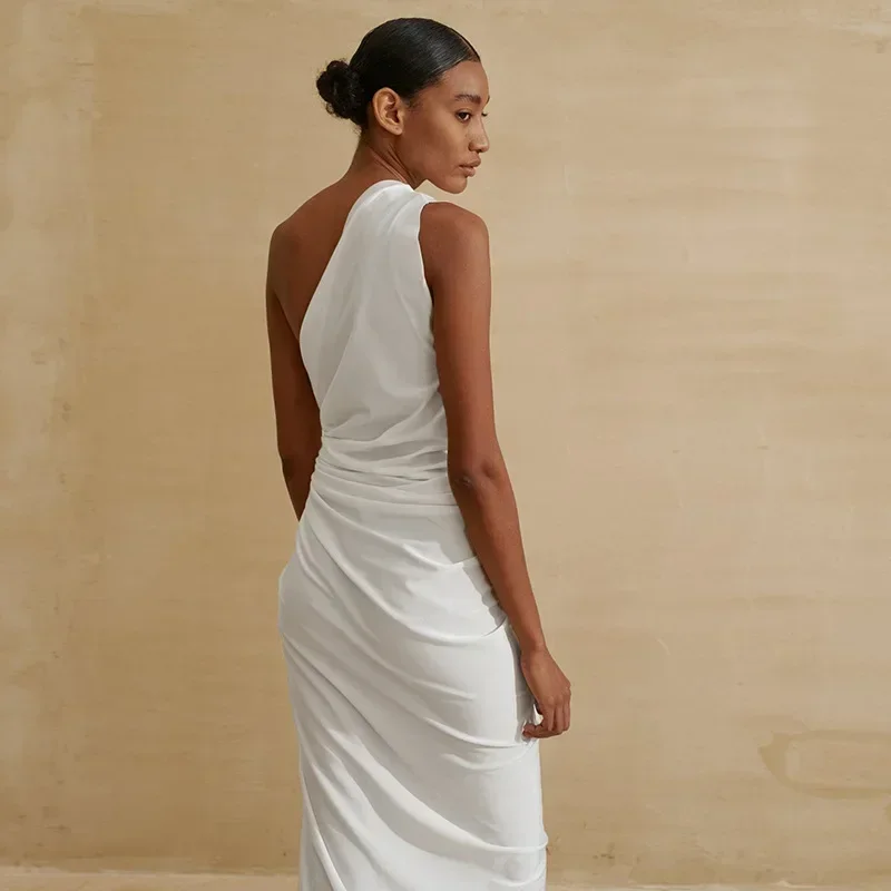 2024 One-shoulder Asymmetric Black White Beach Dress Midi Beach Cover up Woman Swimwear Bikini Tunic Beachwear Outfit