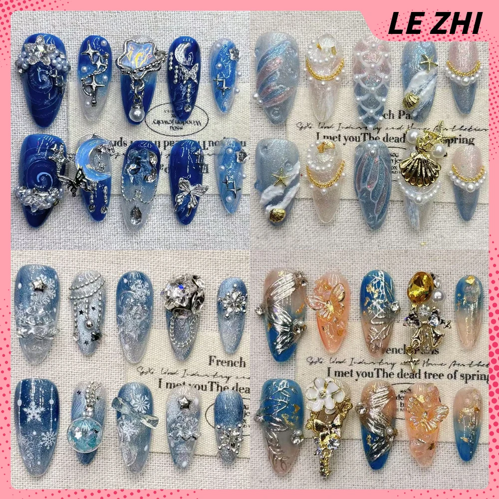

10Pcs Kawaii Blue Seabed Squirrel Rabbit Bear Handmade Full Cover Nail Romantic Flower Mushroom Bow Pearl Diamond Press On Nails