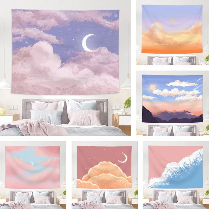 Pink Moon Tapestry Ins Hanging Cloth Background Canvas Oil Painting Dream  Room Decoration  Wall Covering