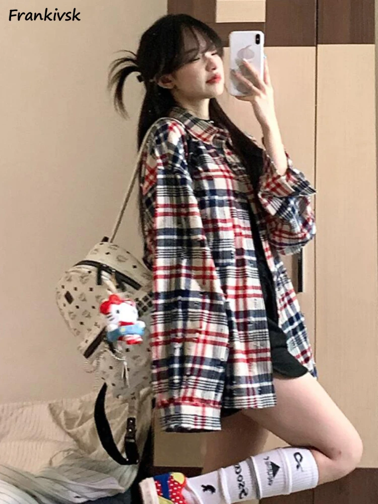 Vintage Plaid Shirts Women Baggy Casual European Style Long Sleeve Tops Fashion Lazy Soft Personality Camisas De Mujer Classic