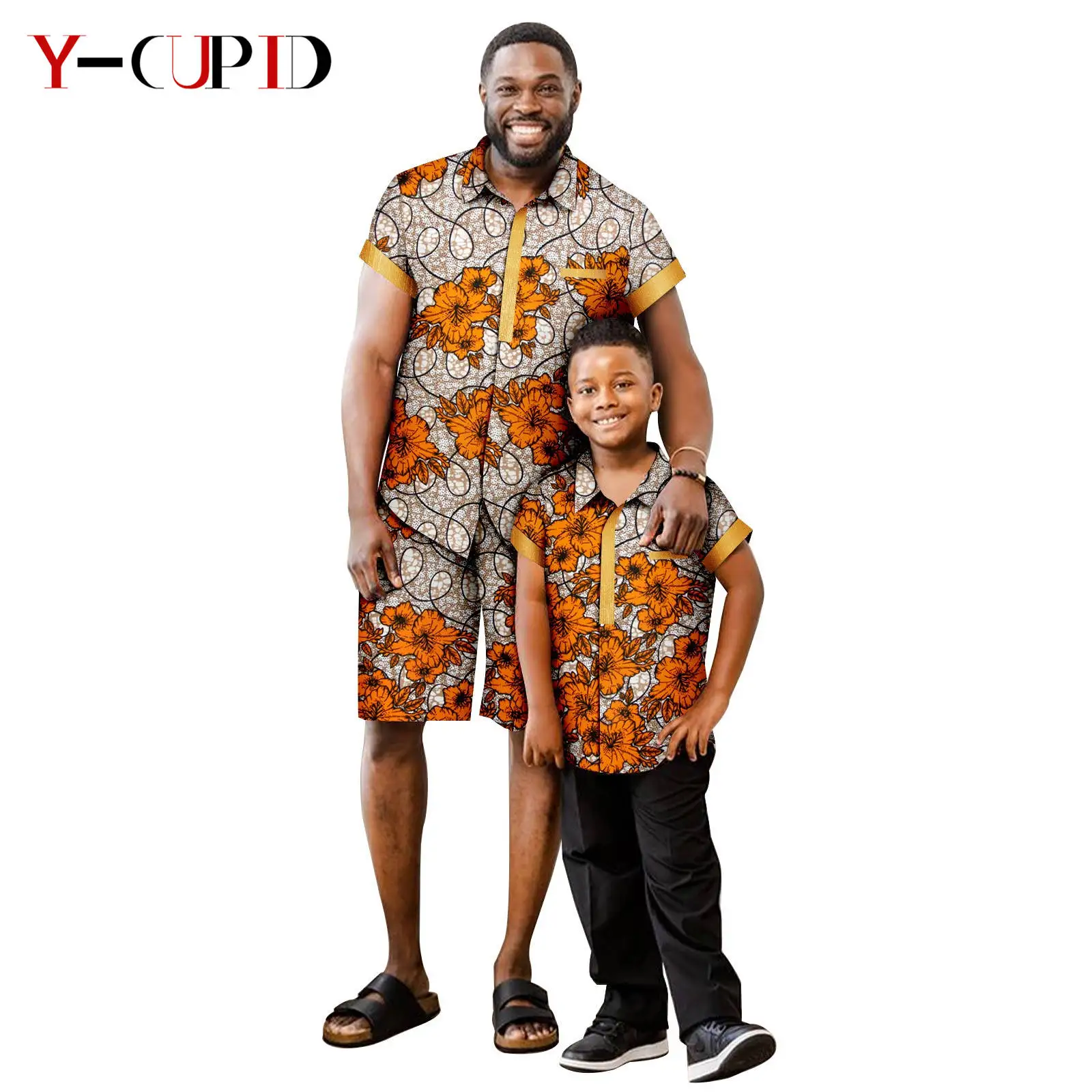 

African Family Clothes for Men and Boy Traditional Clothing Print Top Shirt and Pant Sets Father Son Outfits Dashiki 25F016