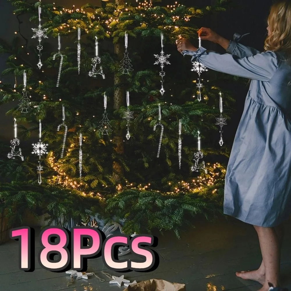 

18Pcs Simulation Snowflake Ice Strip Pendants Transparent DIY Christmas Snowflake Icicle Pendants with Ribbons Exquisite