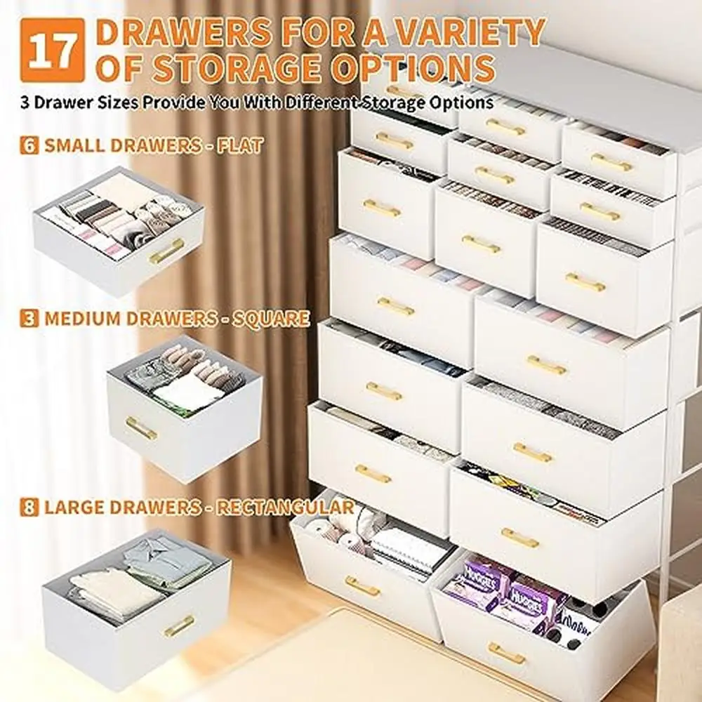 Tall 17 Drawers White Dresser Bedroom Chest of Drawers Faux Leather Front Metal Frame Modern Style Easy Assemble Stable Support