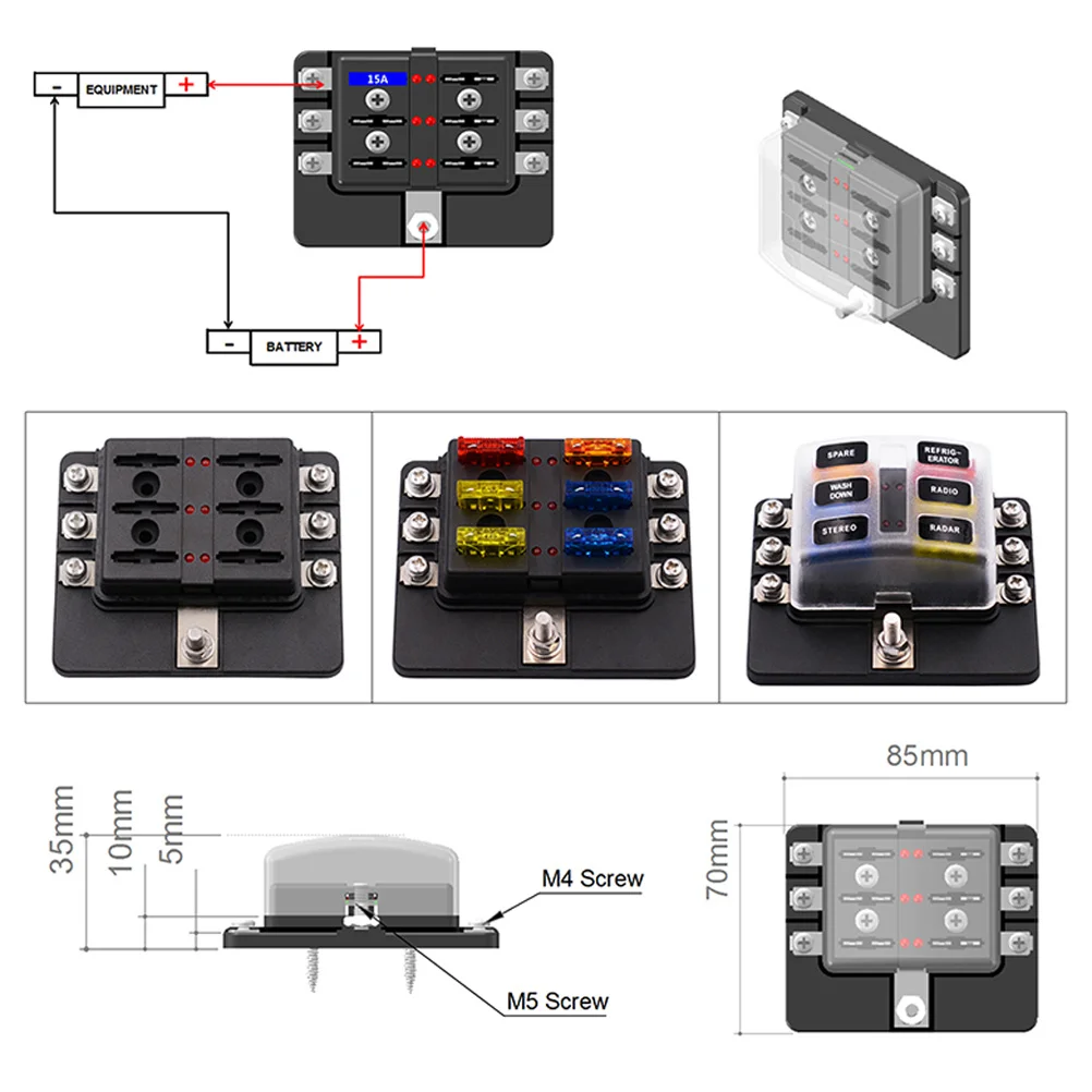 

6 Way Car Fuse Box Seat Screw Terminal Direct Positive Connection High Temp Pbt Material 12-32V Rv Fuse Audio