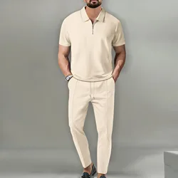 Conjunto de calças e camisa polo respirável masculino, monocromático, moda casual, lapela comercial, corda de puxar, novo, 2 conjuntos, 2022