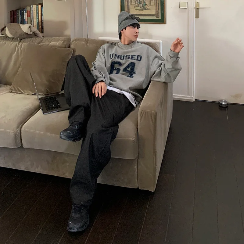 سويت شيرت رجالي مطرز بأحرف من القطن 100%، بلوزات رجالية مغسولة على الطراز الكوري، بلوفرات كاجوال كبيرة الحجم للرجال #4