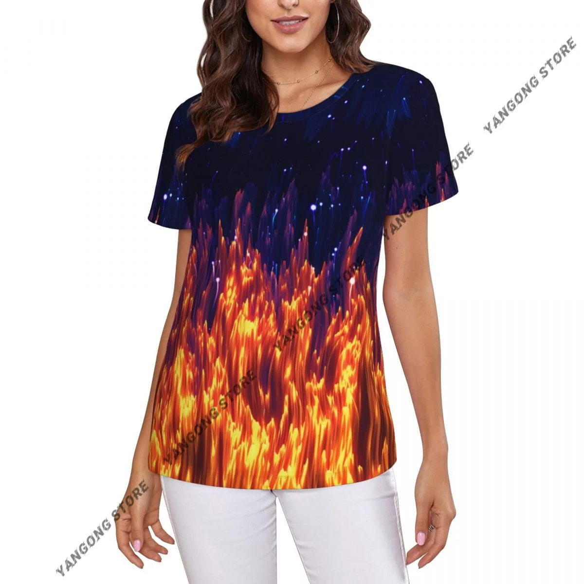 Womens Short Sleeve Fiery Grass Emitting Pollen On A Dark Field Casual Tee Clothing Crewneck Woman T-Shirts
