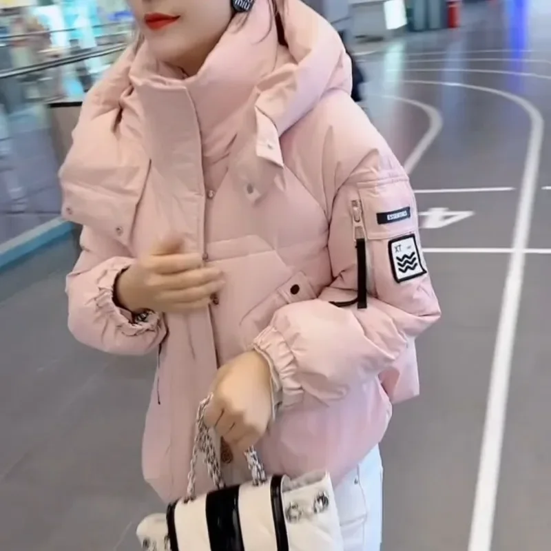 Creamy White Short  Down Jacket Women  Thickened Winter Fashion Small Man Hooded Loose Design Simple Commuter Short Trench Coat