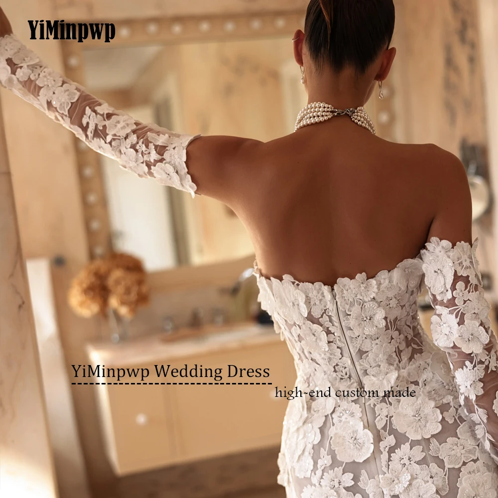 ミニレースの花のウェディングドレスストラップレスジッパーバックアップリケチュールストレート取り外し可能なスリーブ花嫁パーティードレスカスタマイズ
