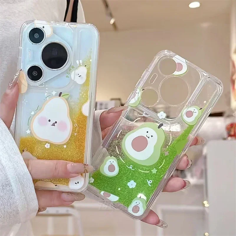 For Huawei Pura 70 Pro P60 P50 P40 Mate 40 50 60 Pro Cases Liquid Quicksands Bling Shiny Glitter Cute Avocado Peach Lemon Covers