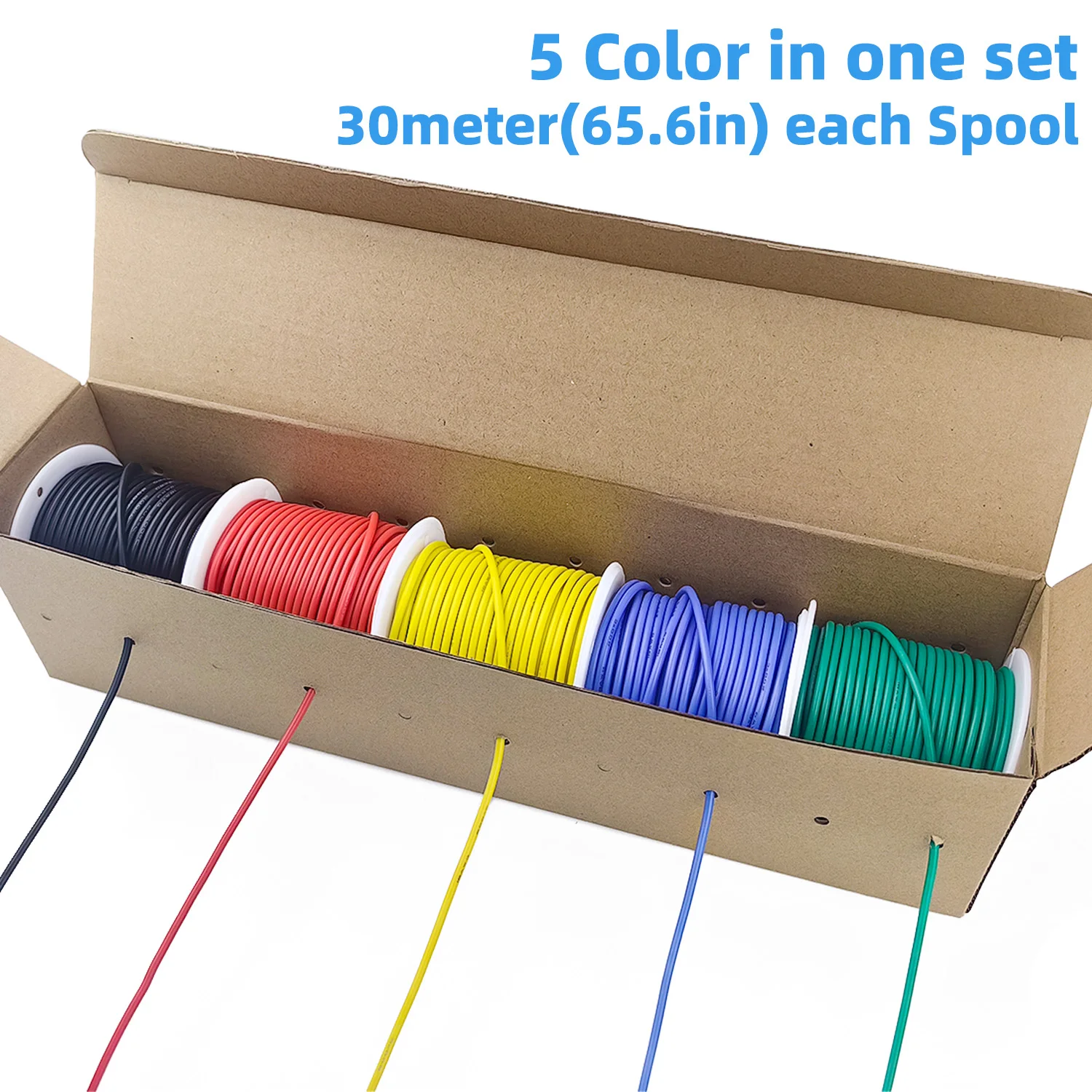 22 AWG Stranded Silicone Electric Wire 22 Gauge Tinned Copper Wires Flexible Electrical Hookup Wire Kit 5 Colors 98.4ft/30m Each