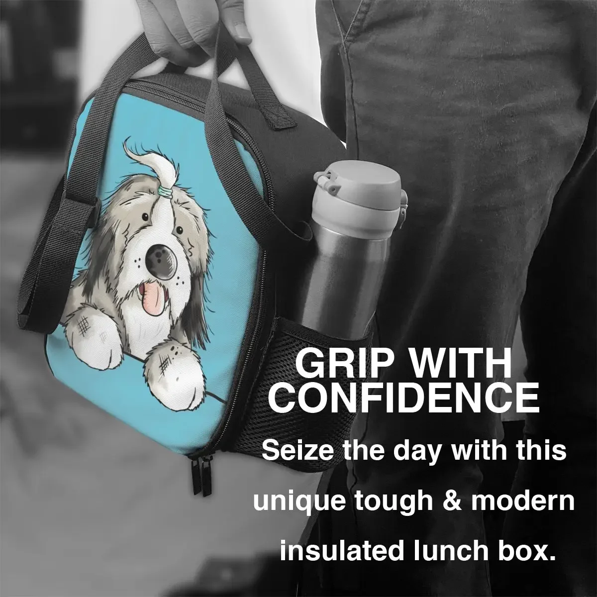 Benutzer definierte glückliche bärtige Collie Hund Lunch Bag Frauen Wärme kühler isoliert Lunchbox für Erwachsene Büro