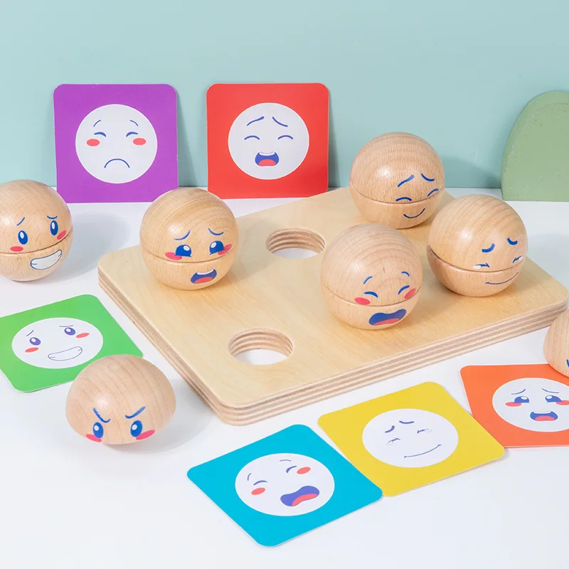 Jouets de boule de bloc assortis d'émotion en bois, jouets de tri d'expression Montessori pour les tout-petits, Puzzle éducatif d'entraînement de motricité Fine